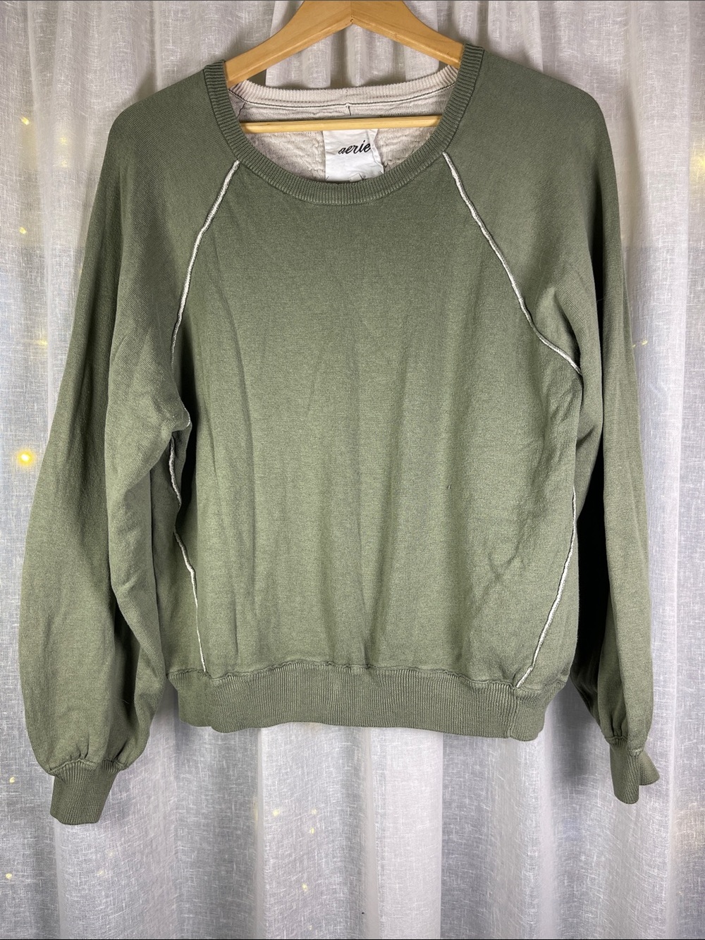 aerie Olive Green and Cream Knit Crewneck Sweater